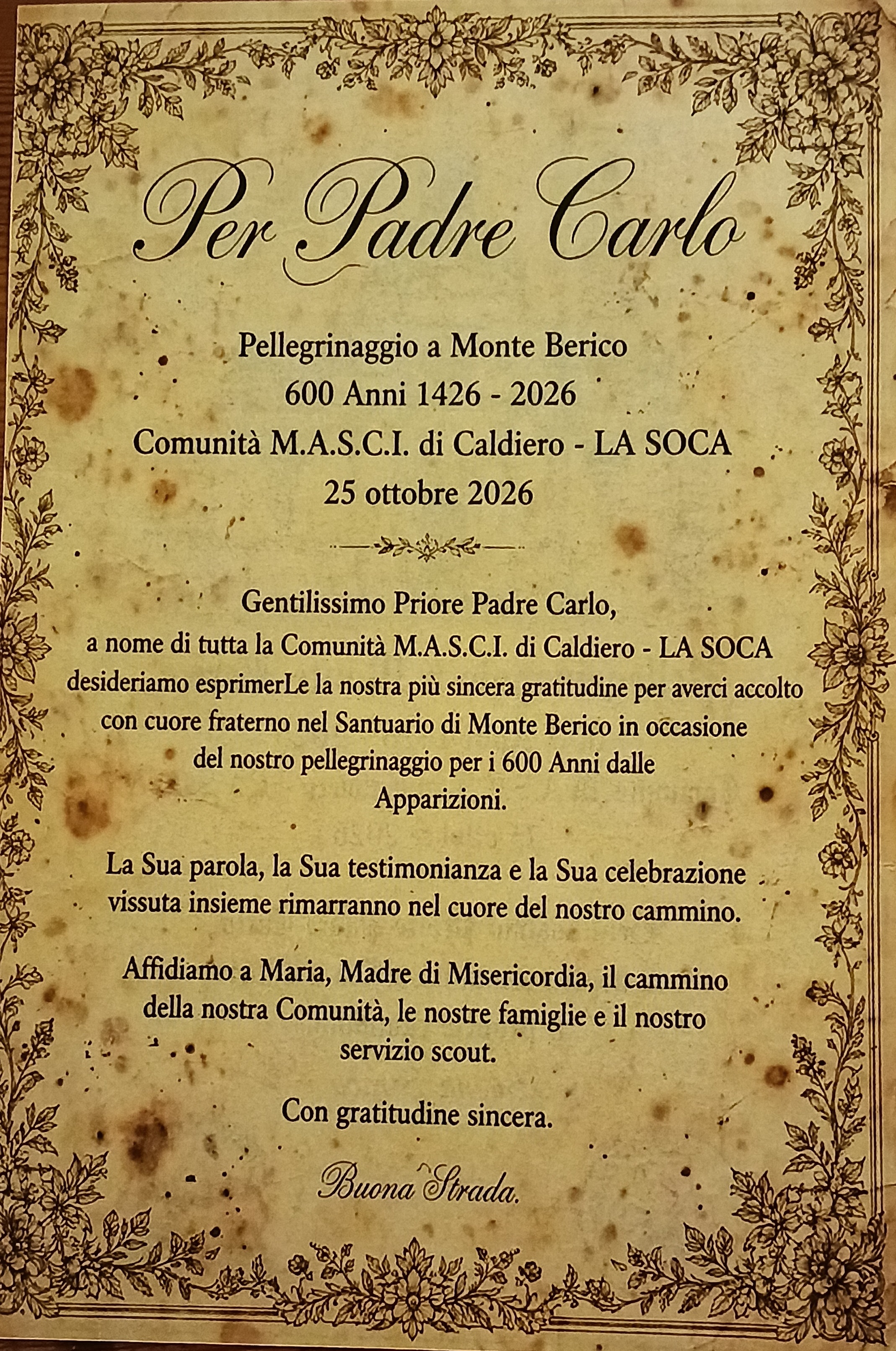Retro della pergamena di Padre Carlo